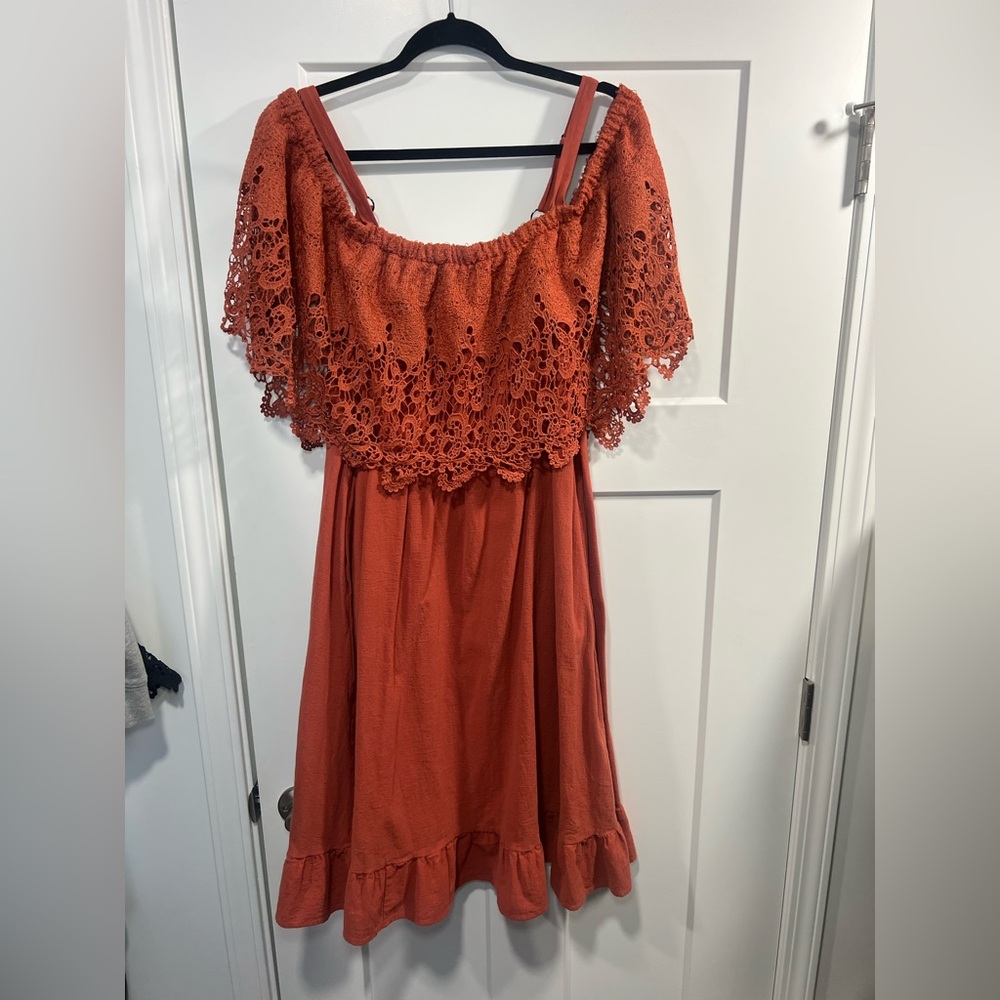 BloomChic Burnt Orange Lace Midi Dress